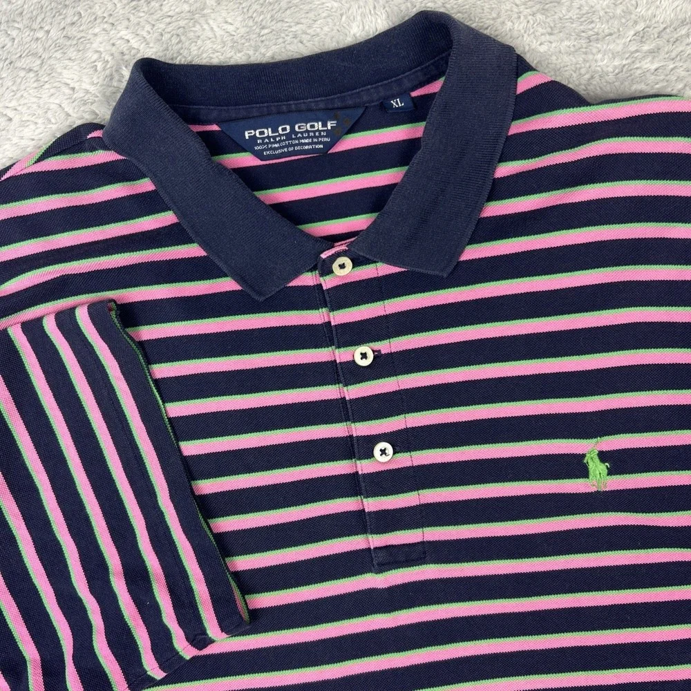 Polo Golf Ralph Lauren Mens XL Pima Cotton Navy Pink Green Stripe Preppy